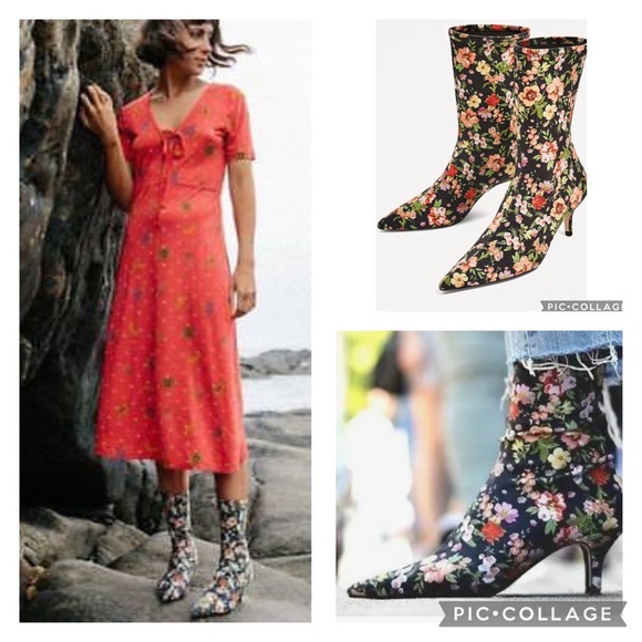 Zara Shoes - Zara Floral Textile Kitten Heel Ankle Boots NWT